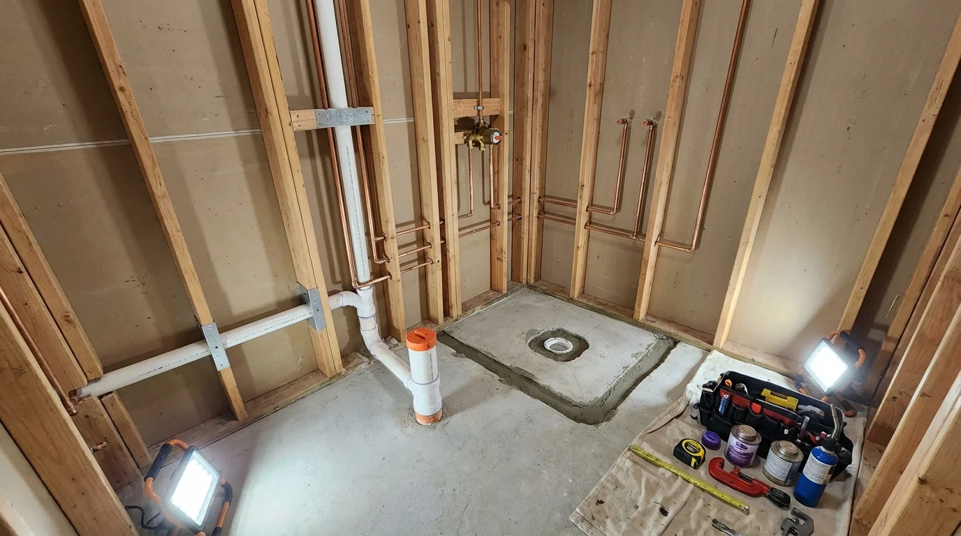 Bathroom rough-in plumbing during remodel by Johns Plumbing LLC in Honesdale
