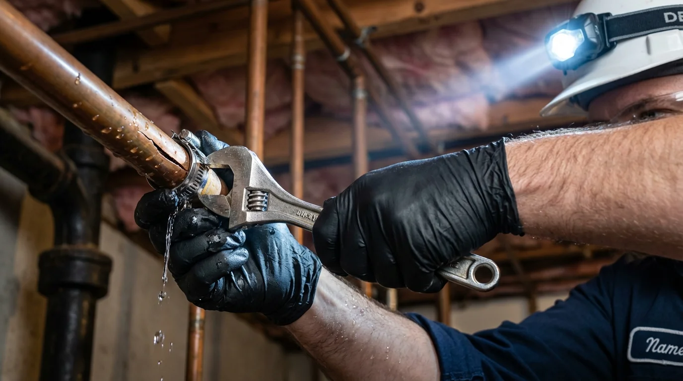 Emergency pipe clamp repair being performed by a Johns Plumbing LLC plumber in Honesdale