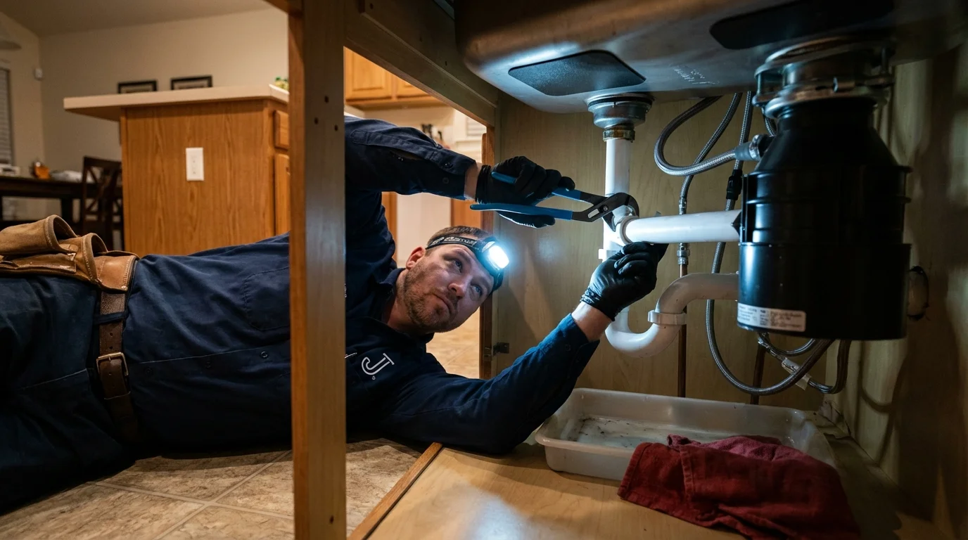 P-trap and supply line connections under a kitchen sink showing a common leak point in Honesdale, PA